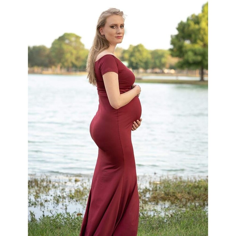 Molliya Maternity Off-Shoulder Fitted Gown Stretchy Maxi Photography Dress Sz L